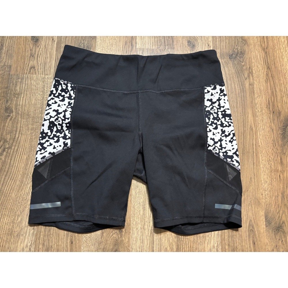 Avia Shorts Women Size L Black Soot Biker Shorts Mesh Reflective Accents